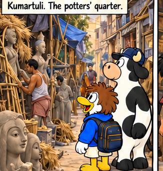 Comic panel: the Kumartuli lane of clay idols.